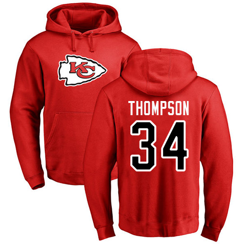 Men Kansas City Chiefs 34 Thompson Darwin Red Name and Number Logo Pullover Hoodie